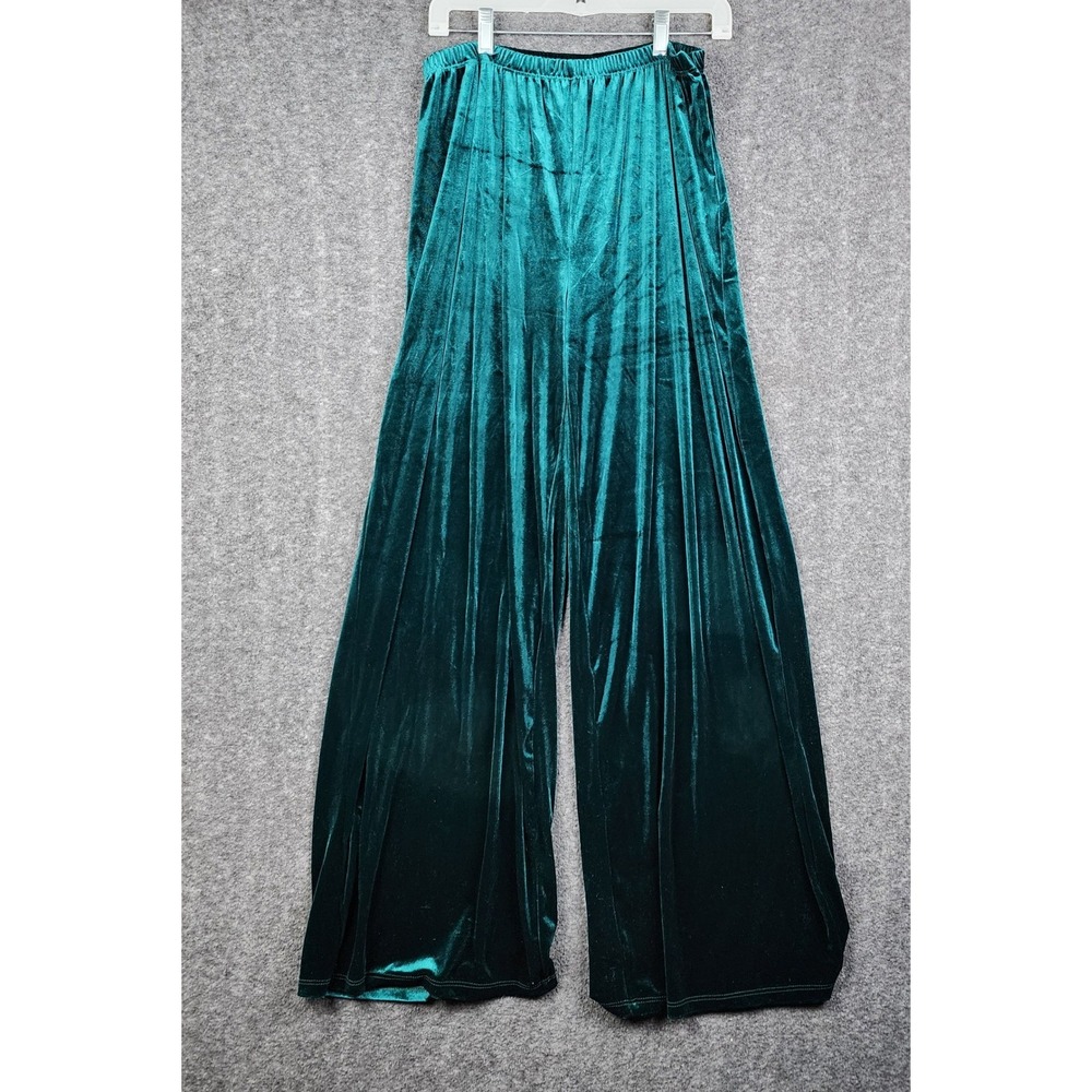 Collections Etc Velvet Wide Leg Pants Womens XL Emerald Green High Rise Glam